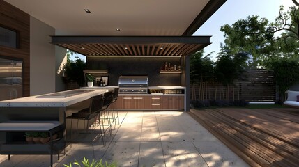 An outdoor entertainment area with a built-in barbecue and a bar setup