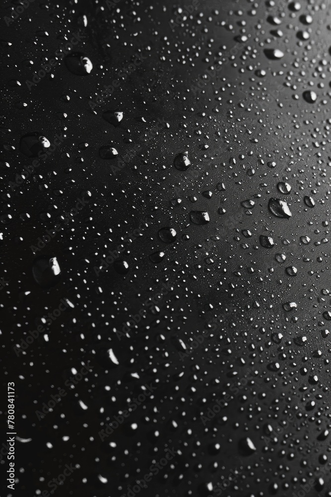 Poster close up view of water droplets on a black surface, ideal for backgrounds and textures
