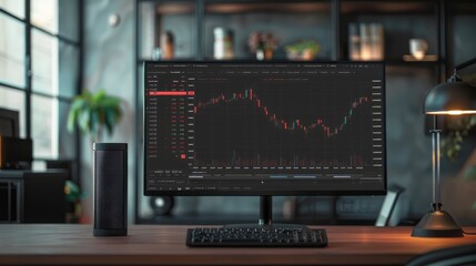 Fototapeta premium Desktop computer monitor standing on a wooden desk. Economic charts and statistics displayed on screen at modern creative office.
