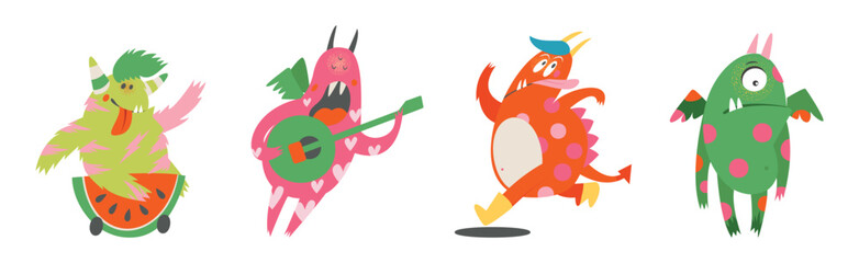 Funny Monster Character as Toothy and Hairy Mutant with Friendly Face Vector Set