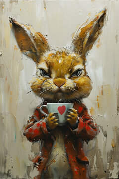 Digital art - Painting of an angry bunny drinking coffee