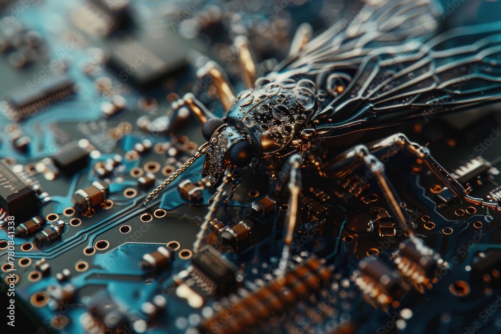 Fototapete detailed view of a bug on a circuit board, suitable for technology concepts