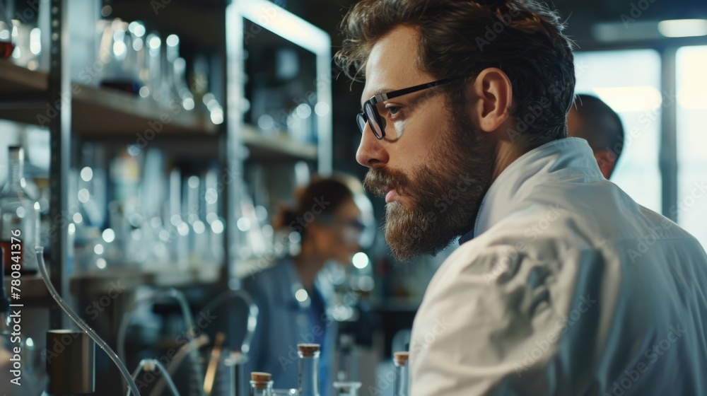 Poster A man in a lab coat carefully examining something. Perfect for science and research concepts