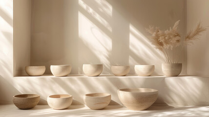 Wooden bowls on table with sunlight shadows.