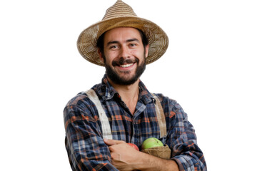 Portrait studio shot of mature senior Farmer man weaning straw hat isolated on transparent png background, person look at camera, agriculture worker. - obrazy, fototapety, plakaty