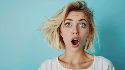 Shocked young blonde woman. on pastel blue background