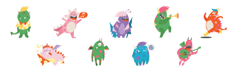 Funny Monster Character as Toothy and Hairy Mutant with Friendly Face Vector Set
