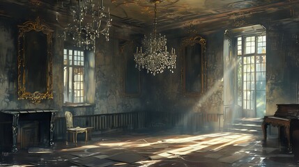Faded Splendor of Abandoned Manor./n
