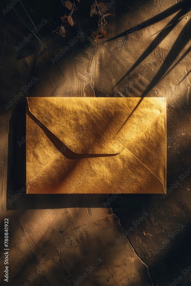 Poster a yellow envelope placed on a wooden table. suitable for office or communication concepts