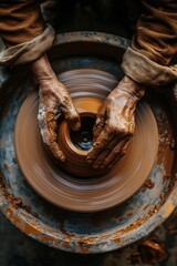 Person making clay pot on potter's wheel. Ideal for pottery or craftsmanship concepts