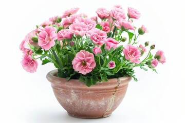 Pink eustomas in white pot on white background