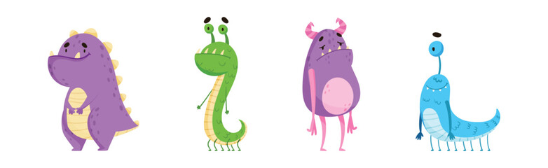 Funny Monster Character as Toothy and Hairy Mutant with Friendly Face Vector Set