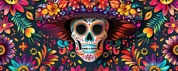 A vibrant Mexican Day of the Dead pattern featuring an intricately detailed sugar skull wearing a sombrero - obrazy, fototapety, plakaty