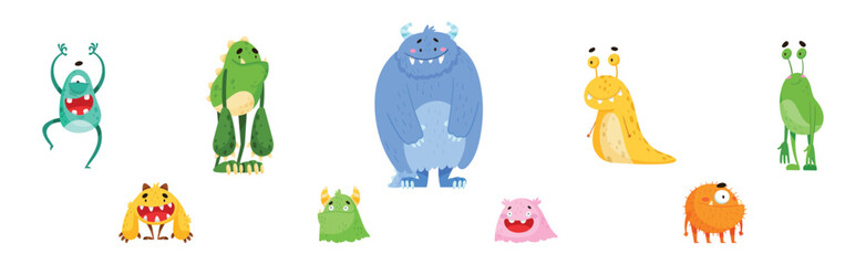 Funny Monster Character as Toothy and Hairy Mutant with Friendly Face Vector Set