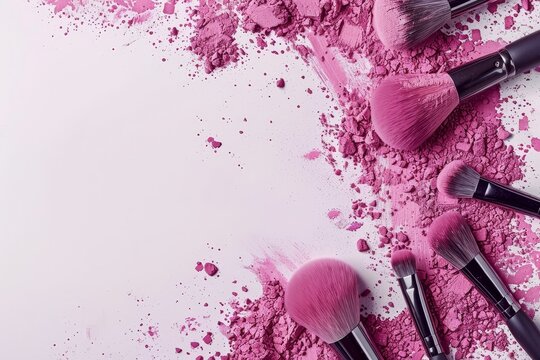 Pink powder and blush surround makeup brushes ideal for a makeup artist s card or flyer template Has room for text