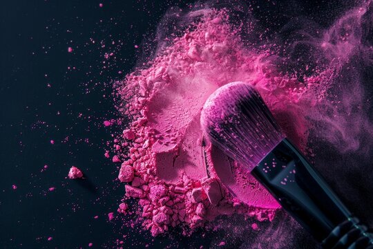 Pink powder splash on black background with close up of brush