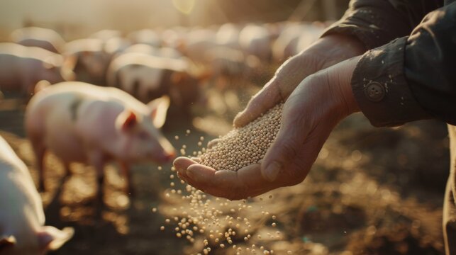 A Farmer Feeding Pigs Grains