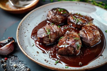 Pork cheeks in red wine sauce with applesauce base
