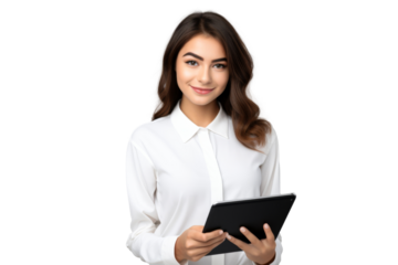 Studio portrait company worker beautiful young Caucasian woman with an attractive smile wearing casual outfits and holding digital tablet, isolated on transparent png background.