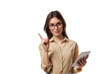 Studio portrait company worker beautiful young Caucasian woman with an attractive smile wearing casual outfits and holding digital tablet, isolated on transparent png background.