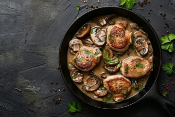 Pork medallions in mushroom sauce on dark stone background with copy space Top view flat lay - obrazy, fototapety, plakaty