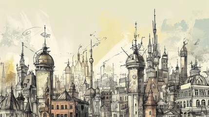 Drawing of a cityscape with old-fashioned architecture. Buildings of different sizes have spiers and domes. There are birds flying in the sky and the background is a mixture of beige and gray colors.