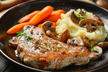 Pork with mushrooms mashed potatoes and baby carrots
