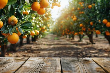 Product display montage on empty wood table with orange field background