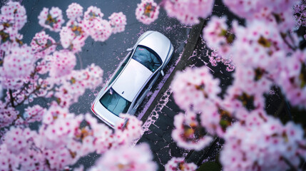 A car in sakura flowers drives out against the backdrop of a beautiful road and alley, view from the top.