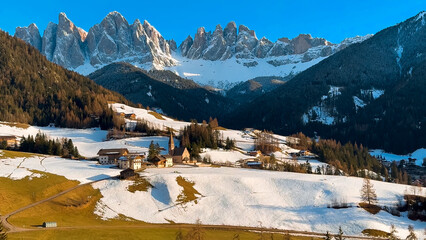Spring landscape Dolomites Alps Santa Maddalena village Val di Funes valley South Tyrol Italy - obrazy, fototapety, plakaty