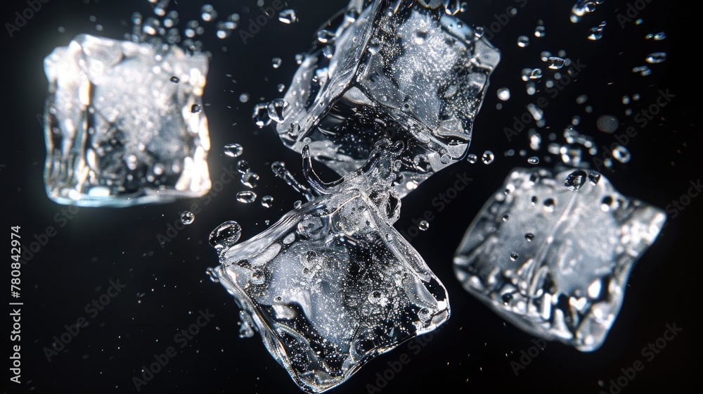 Poster three ice cubes floating in a pool of water. suitable for beverage or summer concept