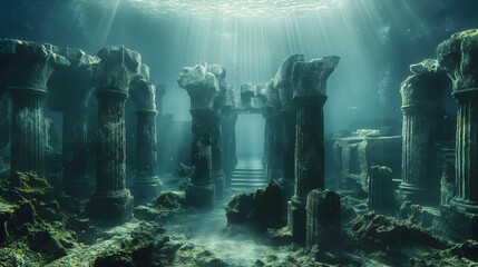 Enigmatic Underwater Ruins with Sunken Columns and Fish - obrazy, fototapety, plakaty