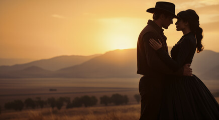 Sunset Embrace in the Wild West: Cowboy and Cowgirl in Vintage Landscape. Old West Romance Scene: Cowboy and Cowgirl Hugging at Sunset in Cinematic Poster Style. Historical couple in love - obrazy, fototapety, plakaty