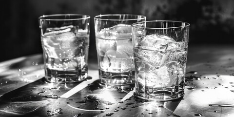 Refreshing glasses of water with ice cubes on a table. Perfect for hydration and summer refreshment - obrazy, fototapety, plakaty