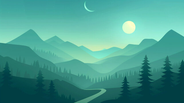 copy space, A flat graphic of an evening mountain landscape, with simple shapes and muted green and blue tones. A road leading into the mountains, trees on both sides. A crescent moon is above the sky