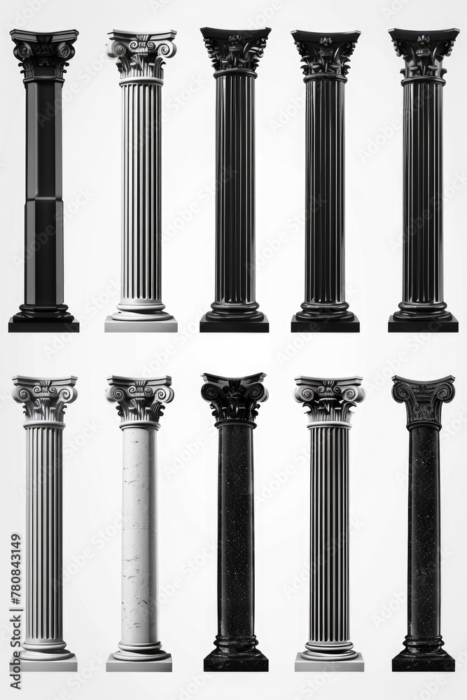 Poster Different types of columns on a plain white background, suitable for architectural or design concepts