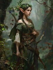 An elven archer in green attire with a bow, in a fantasy setting.