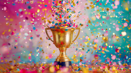 Gold winners cup with confetti and sparkling sparkles. - obrazy, fototapety, plakaty