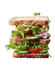 A close up of the sandwich with flying ingredients isollated on transparent background