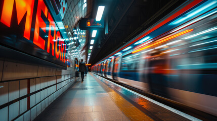 Blurred people on a subway platform and a moving train. - obrazy, fototapety, plakaty