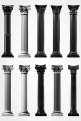 Different types of columns on a plain white background, suitable for architectural or design concepts