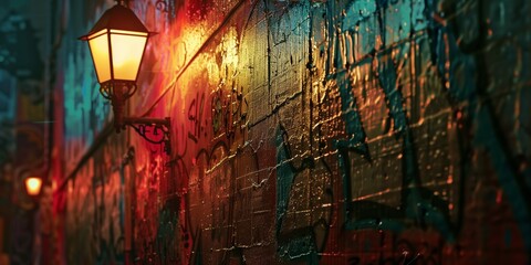 Naklejka premium Vintage Streetlamp on Graffiti-Covered Wall at Night