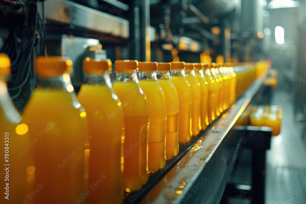 Poster bottles of orange juice on a moving production line. suitable for illustrating manufacturing process