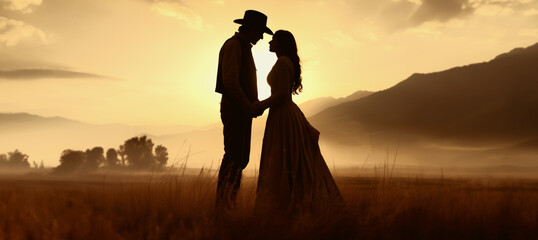 unset Kiss in the Old West: Cowboy and Cowgirl Embrace in Vintage Landscape. Retro Romance: Silhouette of Cowboy and Cowgirl Kissing at Sunset in Western Scene. Historical couple in love