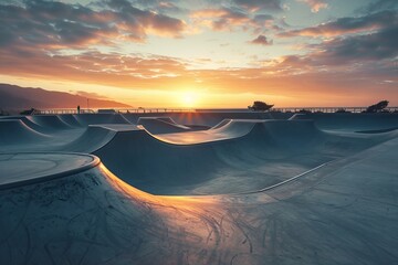 Sunrise at a skatepark with concrete tubes and jumps - Powered by Adobe
