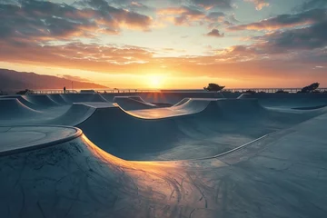 Foto op Canvas Sunrise at a skatepark with concrete tubes and jumps © The Big L