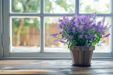Table with blurred window and purple flower pot