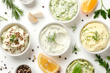 Tartar sauce in various porcelain bowls on white background seen from above