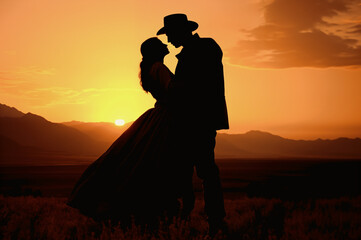 Vintage Western Romance: Cowboy and young woman Embrace in Sunset Glow on Old Farm. Silhouette of Romantic Couple in Love: Cowboy and Cowgirl Hugging at Sunrise on Ranch. Historical couple in love