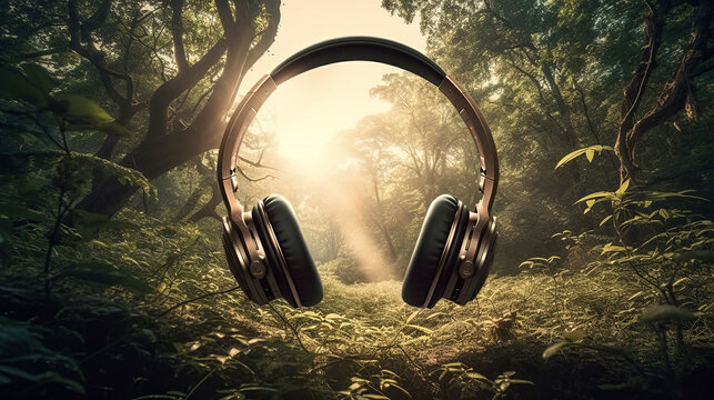 Headphones floating in the forest